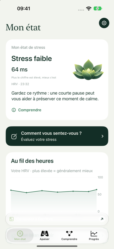 Véritable écran Mon état d’Équilibre, avec un exemple fictif de HRV et le bulbe de calme