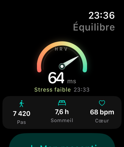Véritable capture de l’app Apple Watch, avec des mesures fictives